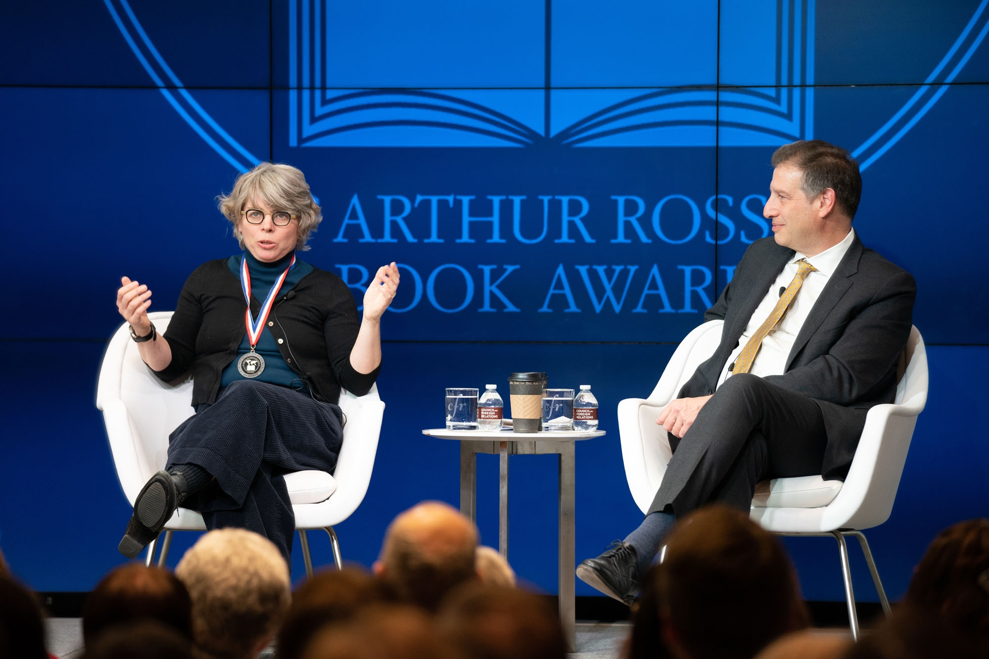 2019 award winner Jill Lapore with <span class='italics'>Foreign Affairs</span> Editor Gideon Rose