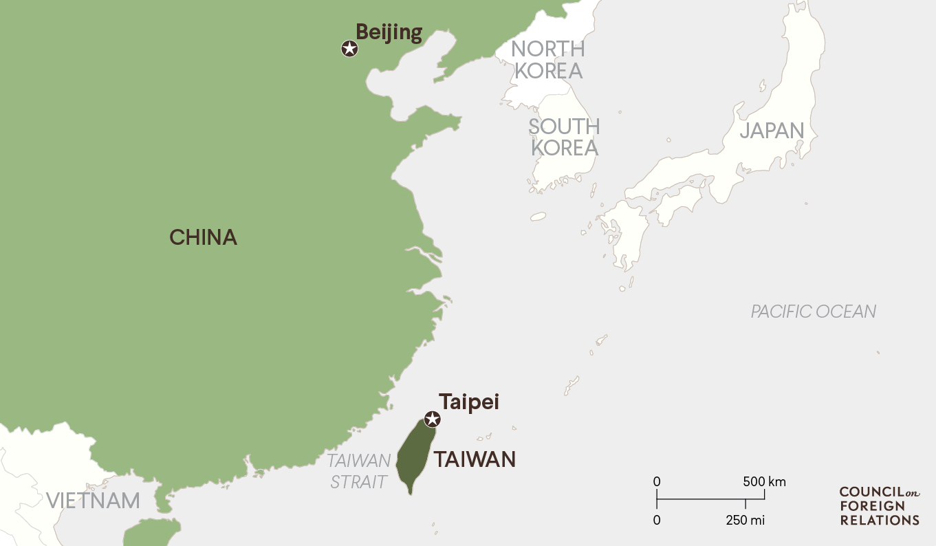 A map showing Taiwan, China, and the Taiwan Strait.