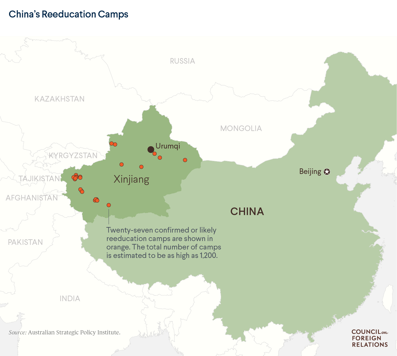 A map showing 27 reeducation camps in China's northwestern province of Xinjiang.