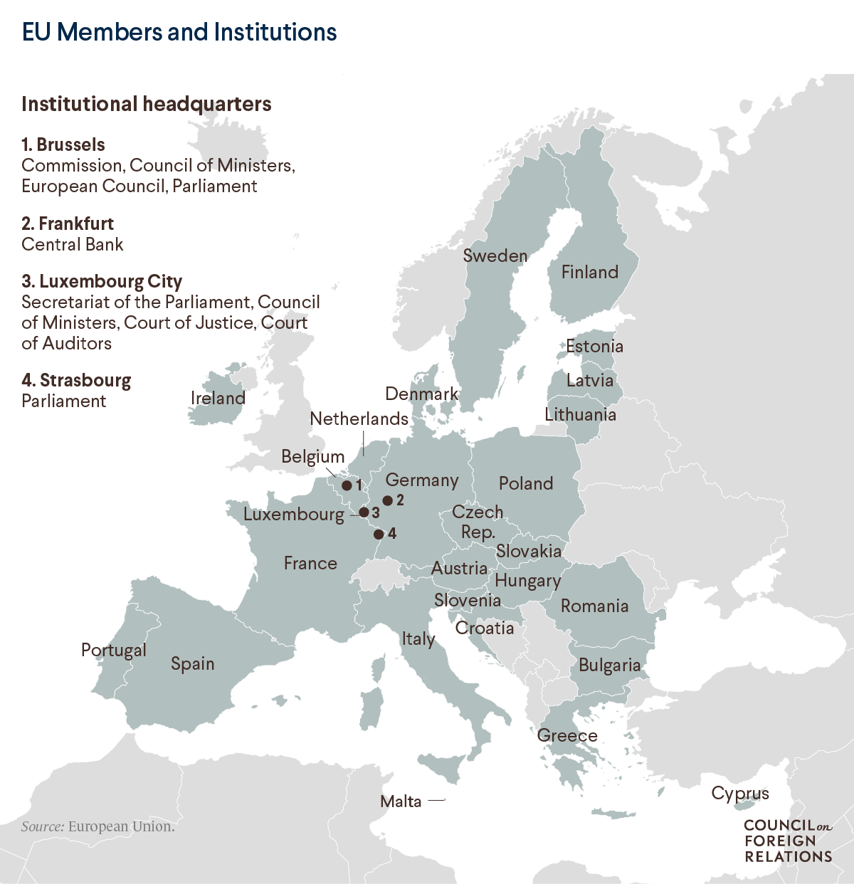 A map of EU members and institutions