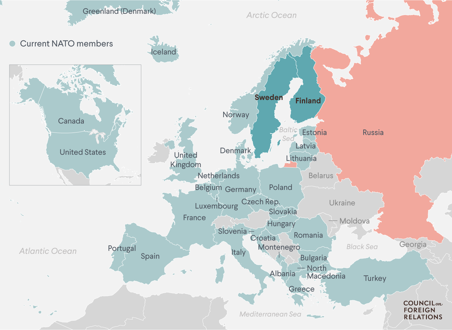 A map of Europe highlighting current NATO members, Finland and Sweden, and Russia