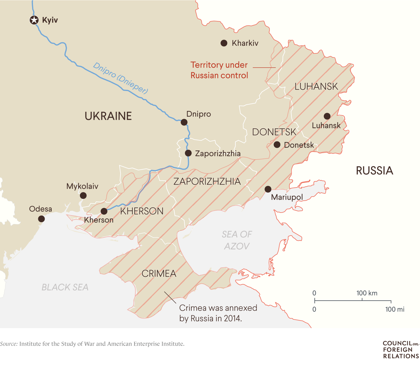 Карта восточной Украины с указанием четырех областей, которые Россия стремится аннексировать.
