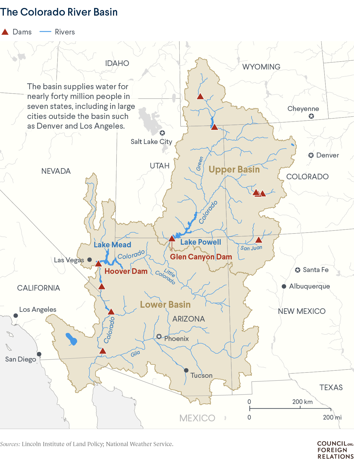 A map of the Colorado River Basin, which covers seven states and supplies water to large metro areas including Denver and Los Angeles