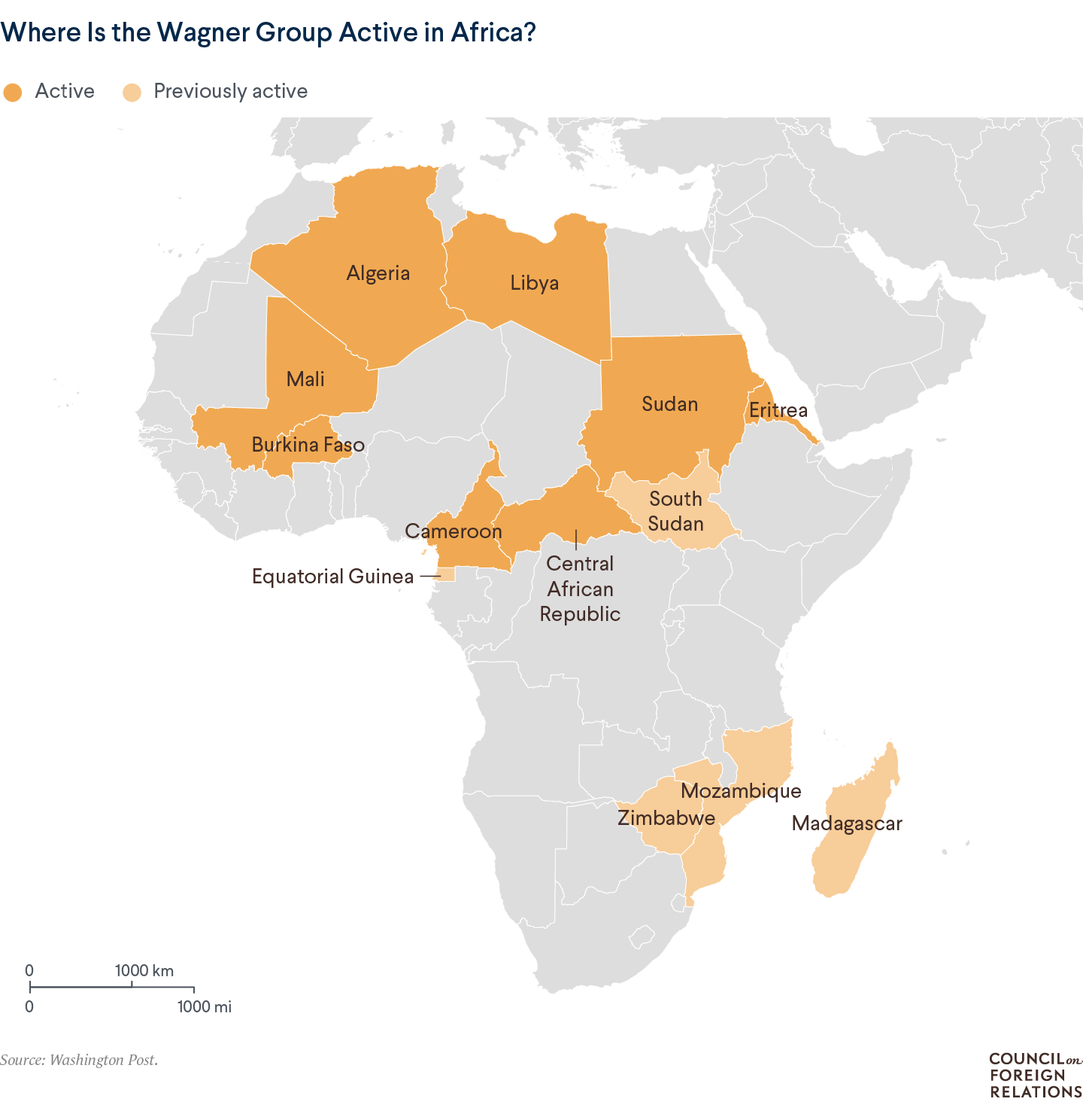 A map Africa showing which countries the Wagner Group
        is active in (Algeria, Burkina Faso, Cameroon, Central African
        Republic, Equatorial Guinea, Eritrea, Libya, Mali, and Sudan).