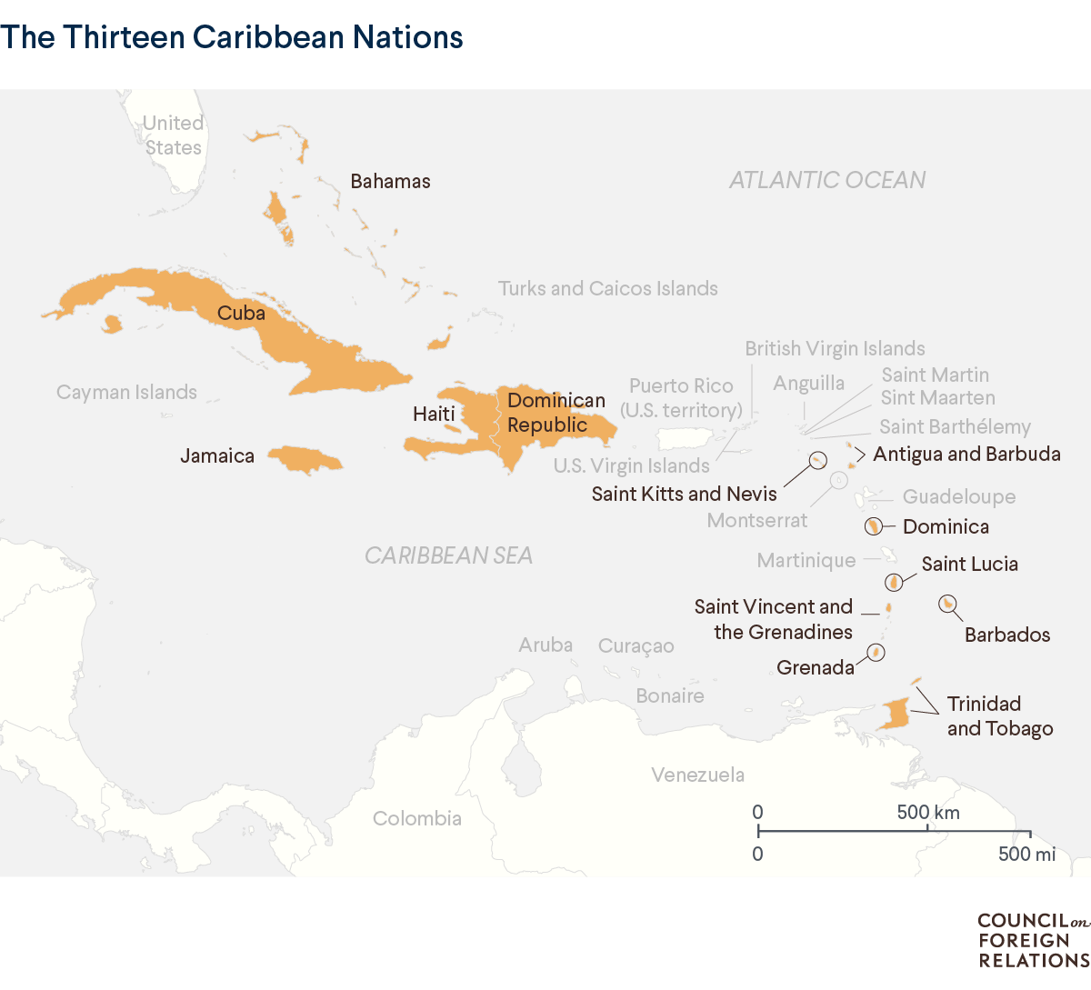 A map of the Caribbean highlighting the thirteen Caribbean nations