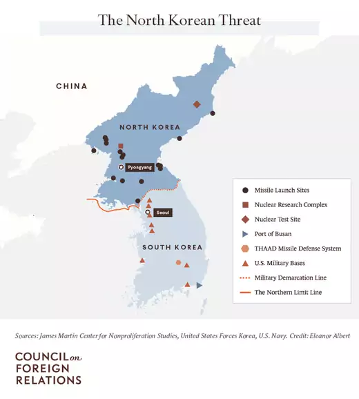 A map identifying significant North Korean nuclear and missile sites and U.S. military locations in South Korea.