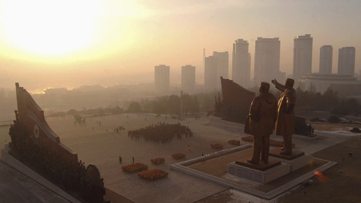 Sixty-foot-tall statues of North Korea’s founder, Kim Il-sung, and former leader Kim Jong-il stand before the Korean Revolution Museum in Pyongyang. The statue of Kim Il-sung was unveiled in 1972 and Kim Jong-il’s was erected after his death in 2011. 