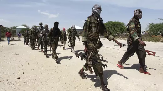 Al-Shabab militants patrol southern Mogadishu.