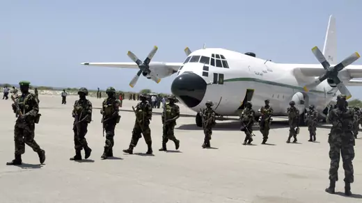 Ugandan soldiers arrive at Aden Adde International Airport in Mogadishu.
